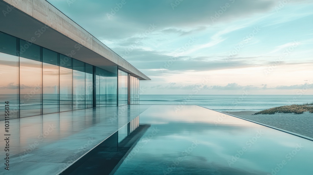 A modern, minimalist house with a large window wall overlooking a beach and infinity pool at sunset. A modern, minimalist house with a large window wall overlooking a beach and infinity pool at sunset.