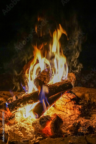 Campfire with yellow and blue flames above glowing bed of orange and white ashes and embers in portrait orientation