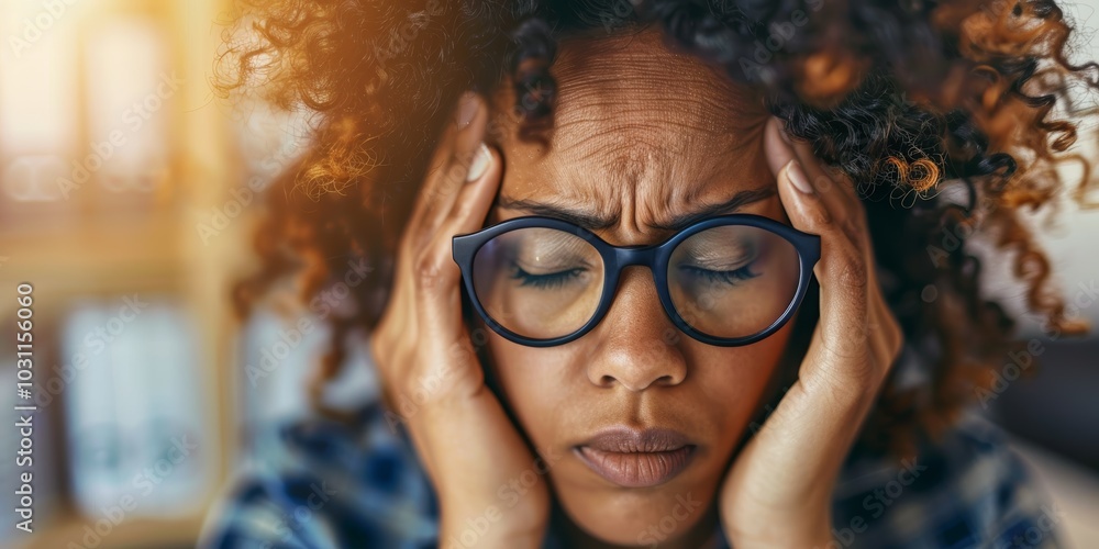 Female experiencing headache and pain at home due to stress, mental health issues, and fatigue; displaying signs of anxiety, burnout, and frustration Female experiencing headache and pain at home due to stress, mental health issues, and fatigue; displaying signs of anxiety, burnout, and frustration