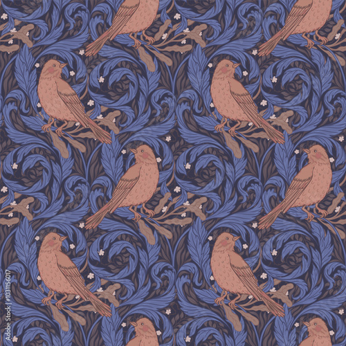 Vintage style seamless pattern with Floral wreath and birds for retro wallpapers. Enchanted Vintage Flowers. Arts and Crafts movement inspired. Design for wrapping paper, wallpaper, fabrics and