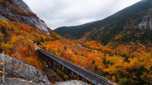 Autumn Season in New England Scenic Railroad Empty Train Tracks Conway New Hampshire USA. Fall Foliage Colorful Trees Valley Famous Tourism Trip photo