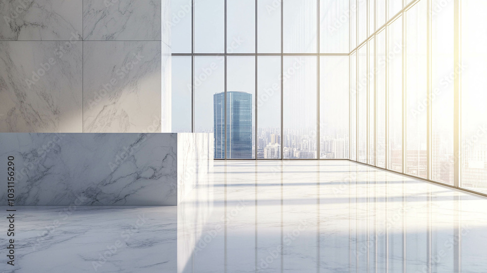 Fototapeta premium An empty room with a large white marble counter in next to a bright window