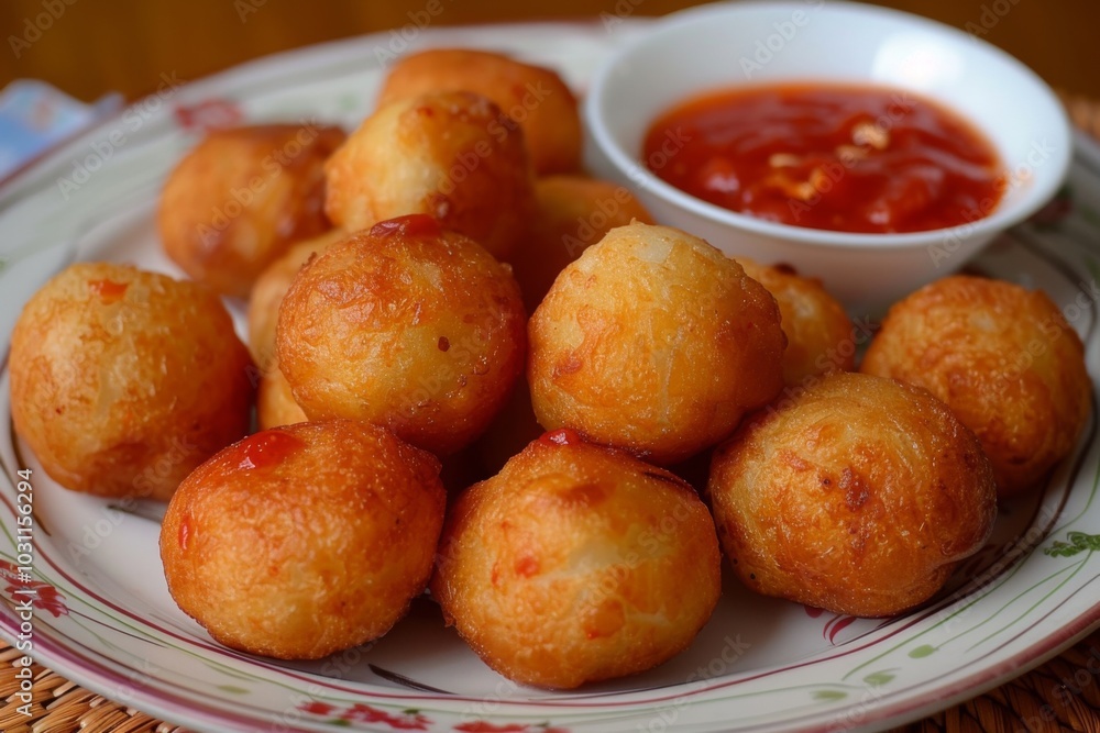 Akara: Fried bean cakes arranged on a plate with a side of chili sauce Akara: Fried bean cakes arranged on a plate with a side of chili sauce