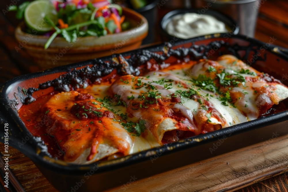 Enchiladas: A dish of enchiladas covered in red sauce and melted cheese Enchiladas: A dish of enchiladas covered in red sauce and melted cheese