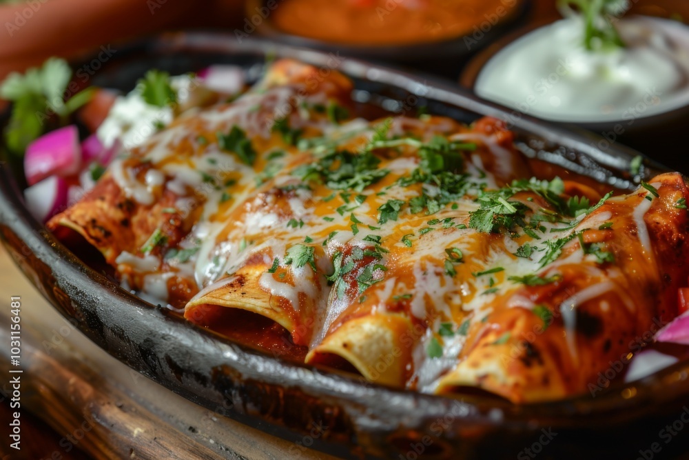 Enchiladas: A dish of enchiladas covered in red sauce and melted cheese Enchiladas: A dish of enchiladas covered in red sauce and melted cheese