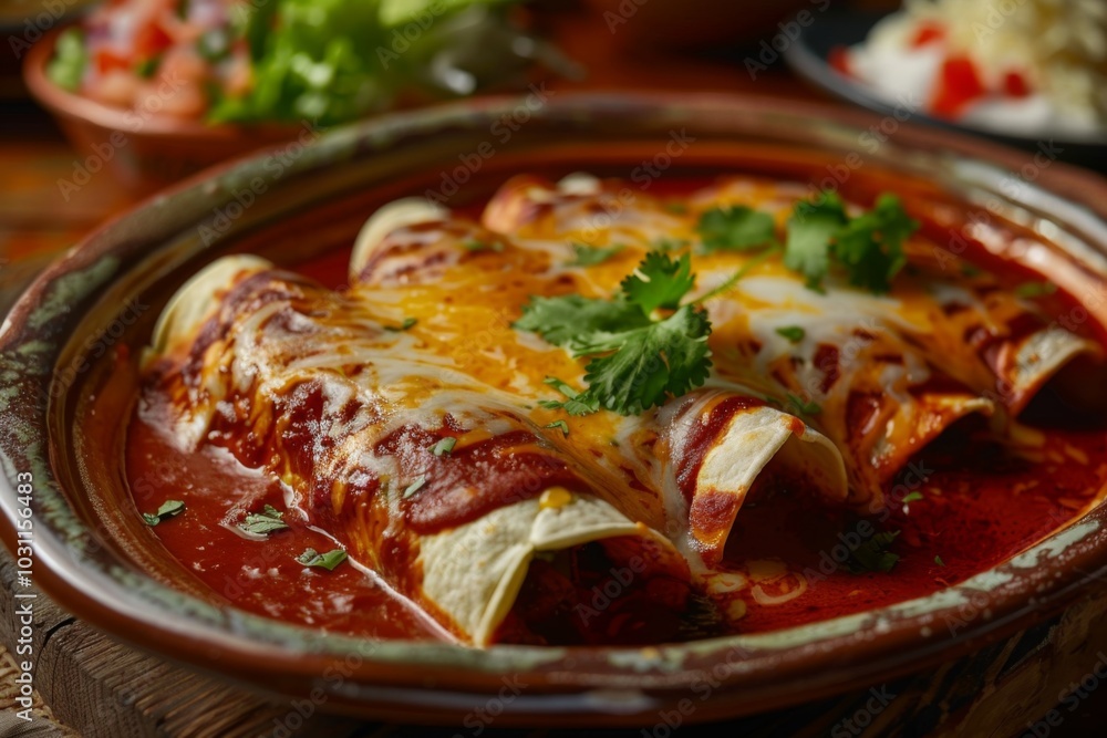 Enchiladas: A dish of enchiladas covered in red sauce and melted cheese Enchiladas: A dish of enchiladas covered in red sauce and melted cheese
