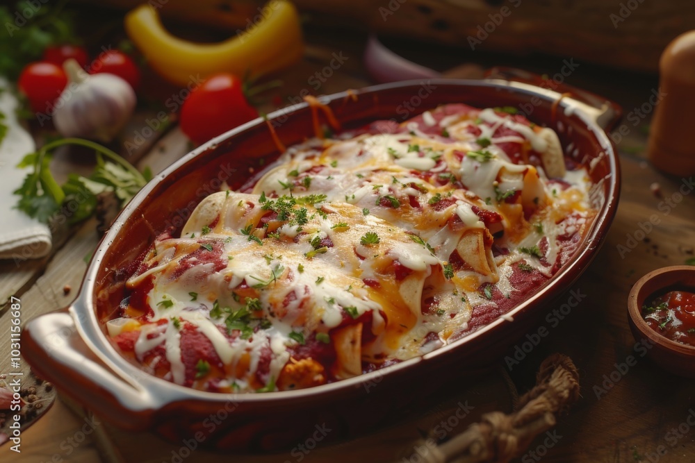 Enchiladas: A dish of enchiladas covered in red sauce and melted cheese Enchiladas: A dish of enchiladas covered in red sauce and melted cheese