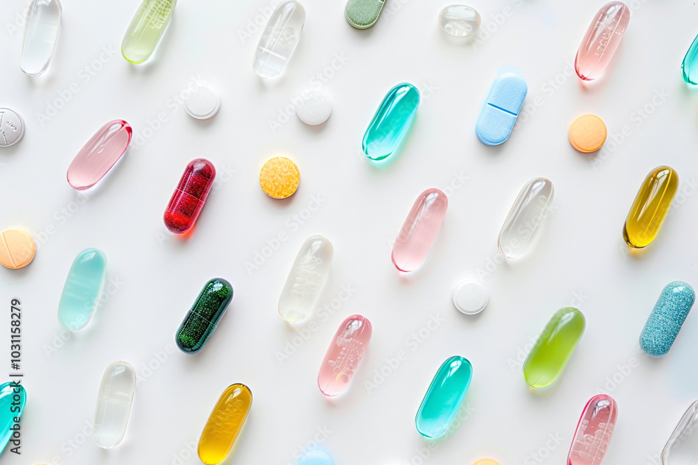 Multicolored capsules of medicines and vitamins on a white background. Concept template for advertising health products, superfoods, dietary supplements. For backdrops and wallpapers Multicolored capsules of medicines and vitamins on a white background. Concept template for advertising health products, superfoods, dietary supplements. For backdrops and wallpapers