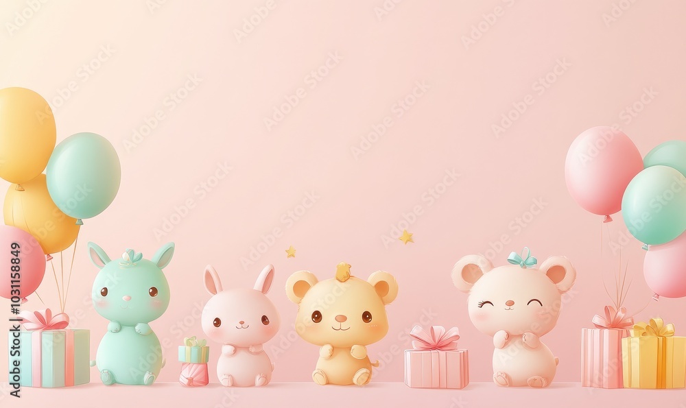 Cute Pastel Animal Toys with Balloons and Gifts on Soft Pink Background for Children's Celebration or Nursery Decor Cute Pastel Animal Toys with Balloons and Gifts on Soft Pink Background for Children's Celebration or Nursery Decor