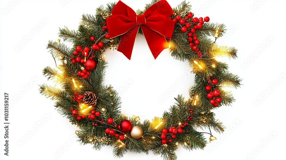 Christmas décor Isolated on white, a floral wreath, a red ribbon, berries, and gold lights. Christmas décor Isolated on white, a floral wreath, a red ribbon, berries, and gold lights.