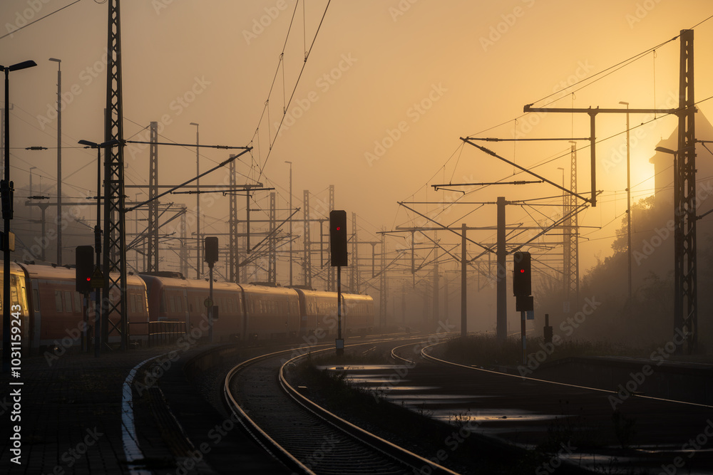 The train platform glows softly in the morning light, with dawn's golden hue wrapped in mist. A red train slowly arrives, ready for the early crowd. The train platform glows softly in the morning light, with dawn's golden hue wrapped in mist. A red train slowly arrives, ready for the early crowd.