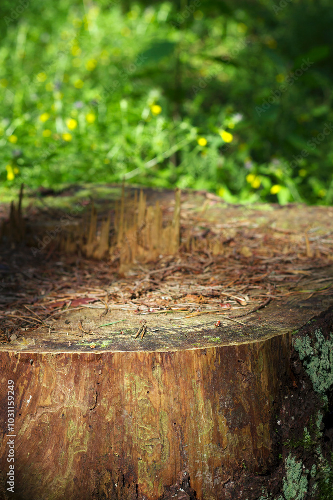 tree stump in summer forest with yellow flowers on the background tree stump in summer forest with yellow flowers on the background