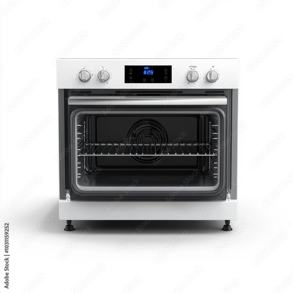 Modern White Oven with Digital Controls on White Background Modern White Oven with Digital Controls on White Background