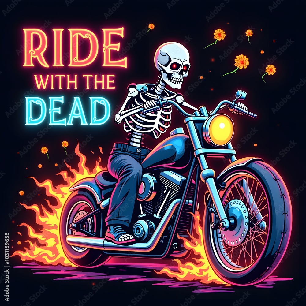 A T-shirt design of a skeleton riding a motorcycle A T-shirt design of a skeleton riding a motorcycle