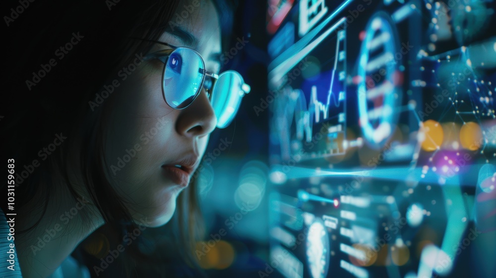Female professional in a dark office using a holographic display for data analysis and technology visualization, focusing on cloud computing and analytics Female professional in a dark office using a holographic display for data analysis and technology visualization, focusing on cloud computing and analytics