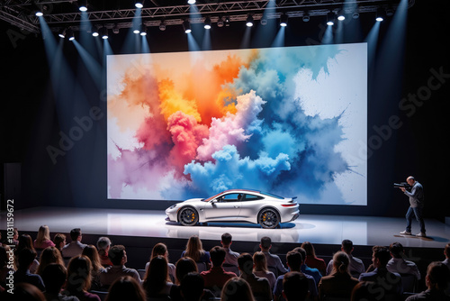 New electric sports car presentation with colorful explosion on big screen photo