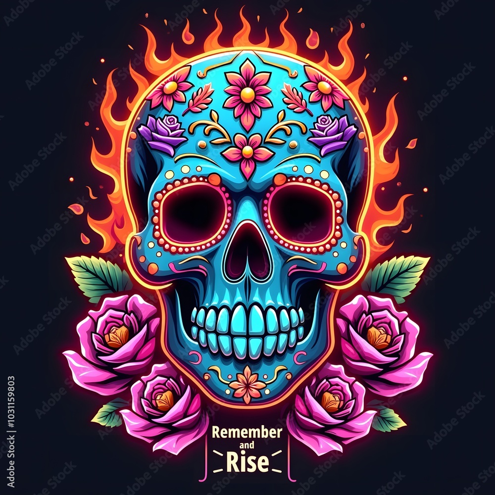 A skull with roses and a skull that says celebrate life