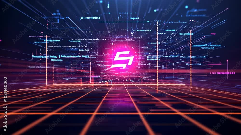 A neon pink and blue grid with code and lines moving through a digital space A neon pink and blue grid with code and lines moving through a digital space