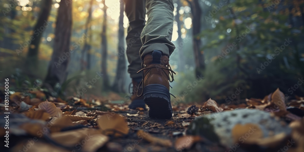 Person trekking through a forest for adventure, exercise, or relaxation, enjoying a natural environment and focusing on wellness Person trekking through a forest for adventure, exercise, or relaxation, enjoying a natural environment and focusing on wellness