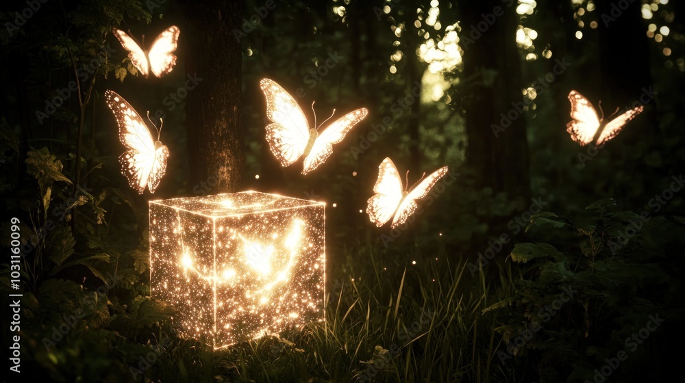 A glowing cube in a forest with butterflies flying around it. A glowing cube in a forest with butterflies flying around it.