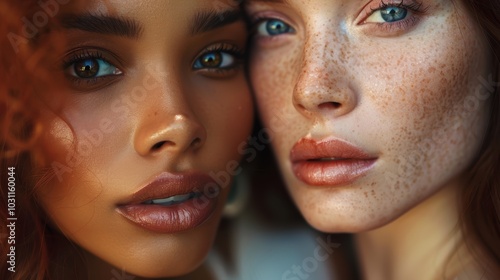 Women with serious expressions in an artistic setting, focusing on skincare, beauty, diversity, and luxury wellness cosmetics for healthy skin and natural looks