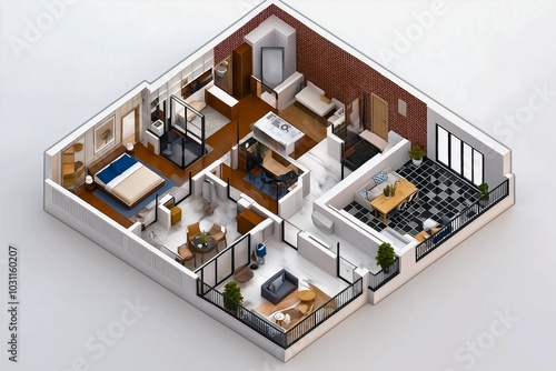 A 3D-rendered floor plan of a modern apartment featuring two bedrooms, a living room, kitchen, and balcony, showcasing an elegant and functional design concept.
