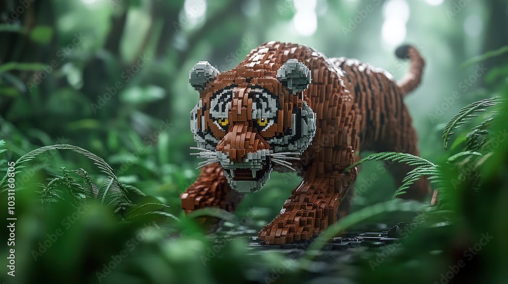 A tiger made of colorful building blocks stands in a lush green jungle. A tiger made of colorful building blocks stands in a lush green jungle.