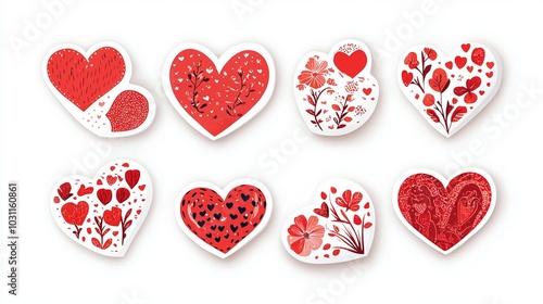 Isolated red heart-shaped stickers on a white background.