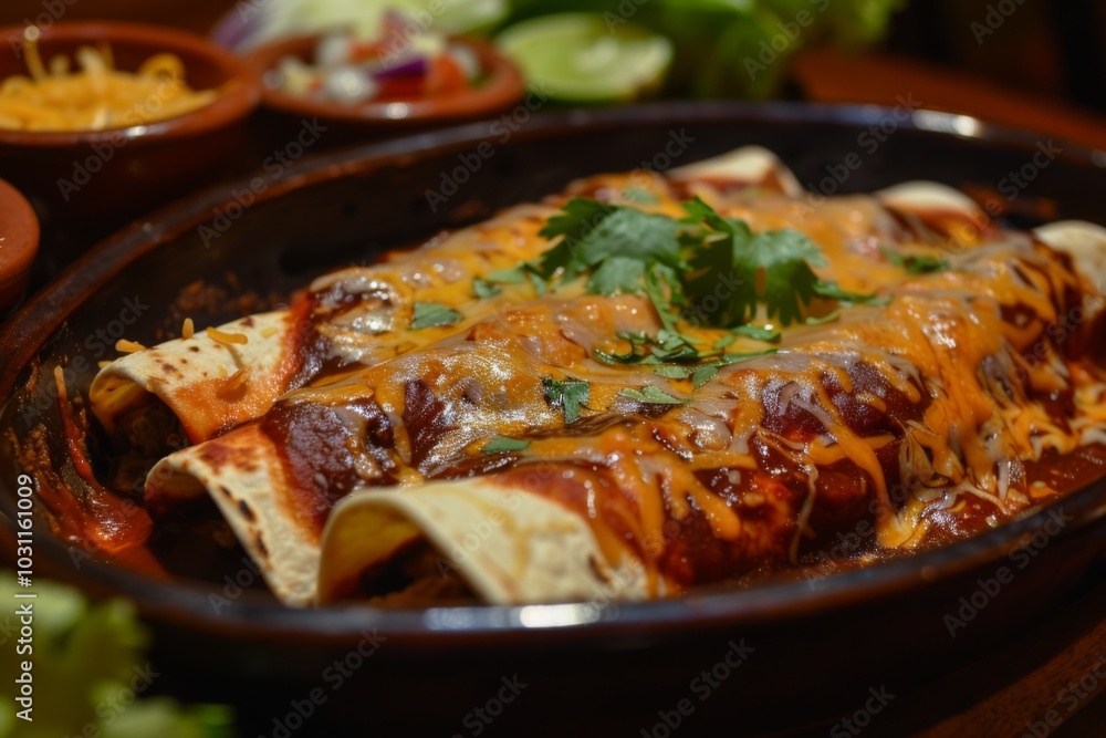 Enchiladas: A dish of enchiladas covered in red sauce and melted cheese Enchiladas: A dish of enchiladas covered in red sauce and melted cheese