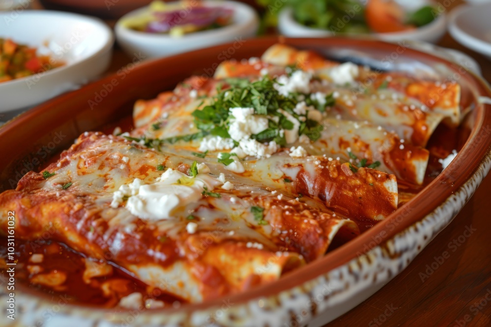 Enchiladas: A dish of enchiladas covered in red sauce and melted cheese Enchiladas: A dish of enchiladas covered in red sauce and melted cheese