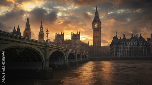 Westminster Bridge, the Houses of Parliament, and Big Ben in London. 