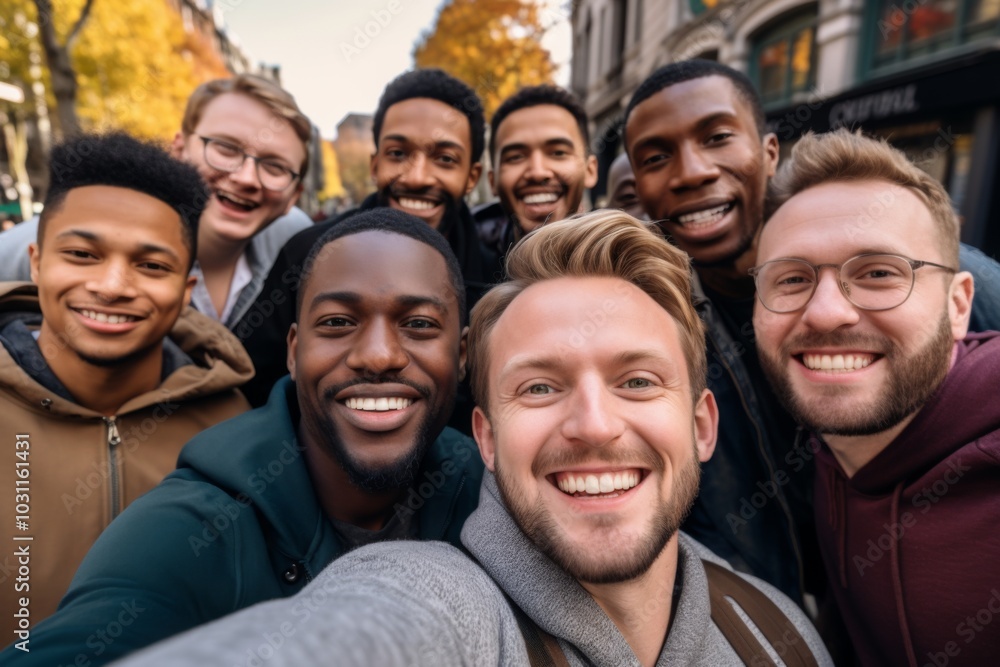 Diverse group of gay guys taking a selfie outdoors Diverse group of gay guys taking a selfie outdoors