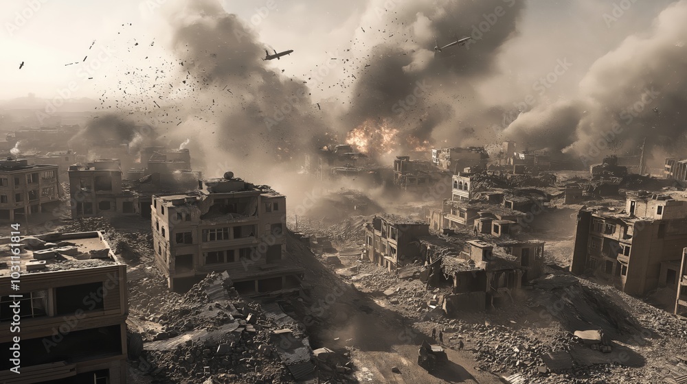 Intense aerial bombardment over a war-torn Urzikstan city. In the foreground, members of Task Force Intense aerial bombardment over a war-torn Urzikstan city. In the foreground, members of Task Force