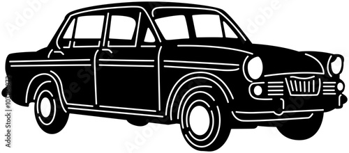 Illustration of vintage old cars in a black and white silhouette style, depicting transportation.