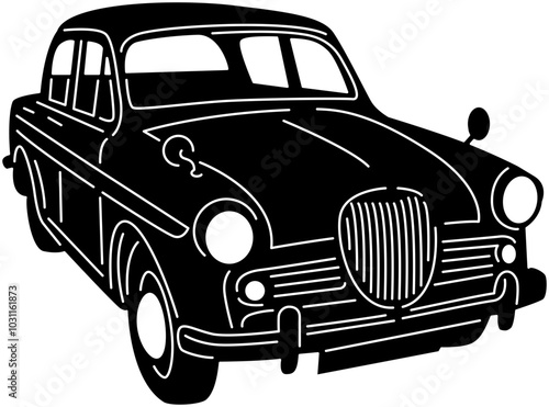 Illustration of vintage old cars in a black and white silhouette style, depicting transportation.