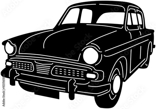 Illustration of vintage old cars in a black and white silhouette style, depicting transportation.