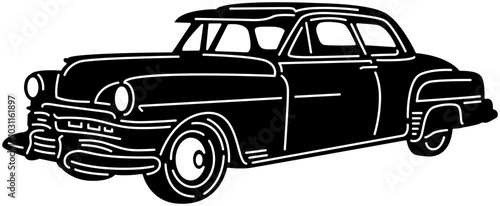 Illustration of vintage old cars in a black and white silhouette style, depicting transportation.