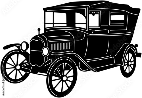Illustration of vintage old cars in a black and white silhouette style, depicting transportation.