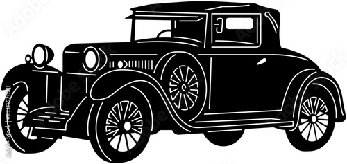 Illustration of vintage old cars in a black and white silhouette style, depicting transportation.