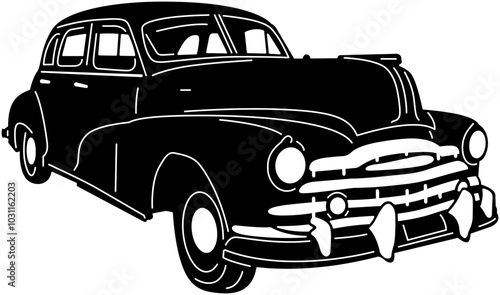 Illustration of vintage old cars in a black and white silhouette style, depicting transportation.