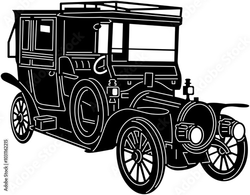 Illustration of vintage old cars in a black and white silhouette style, depicting transportation.