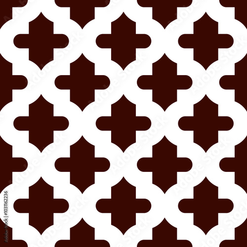 Seamless surface design with ogee ornament. Oriental traditional pattern with repeated mosaic tile. Tracery window wallpaper. Moroccan crosses motif. Arabesque digital paper, textile print. Vector art