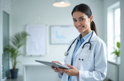 A healthcare professional smiles while holding a tablet in a modern medical office during daytime