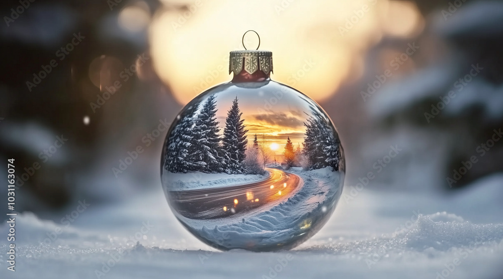 Glass Christmas Ornament Capturing Reflection of Empty Winter Road and Sunset Glass Christmas Ornament Capturing Reflection of Empty Winter Road and Sunset