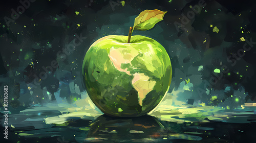 Fototapeta Naklejka Na Ścianę i Meble -  Green apple with map, globe or planet earth. education and scientific discoveries. Earth Elemental. Illustration