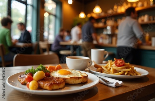 A vibrant breakfast setting in a cozy café featuring eggs, bacon, fresh fruits, and coffee with customers enjoying their meals