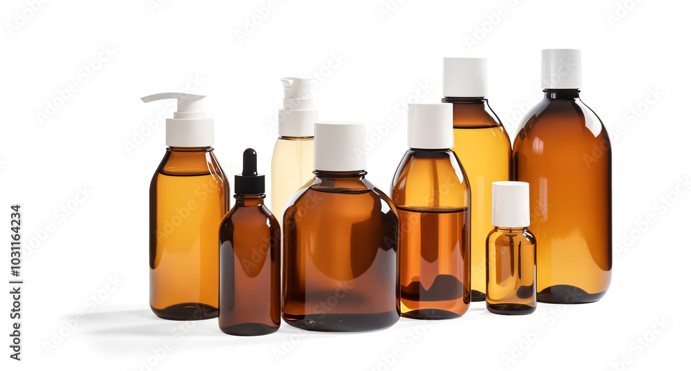 Amber Glass Bottles. Set of Empty Medicine or Cosmetic Bottles with Different Caps, No Labels, mockup. Isolated on Transparent Background. PNG. Amber Glass Bottles. Set of Empty Medicine or Cosmetic Bottles with Different Caps, No Labels, mockup. Isolated on Transparent Background. PNG.