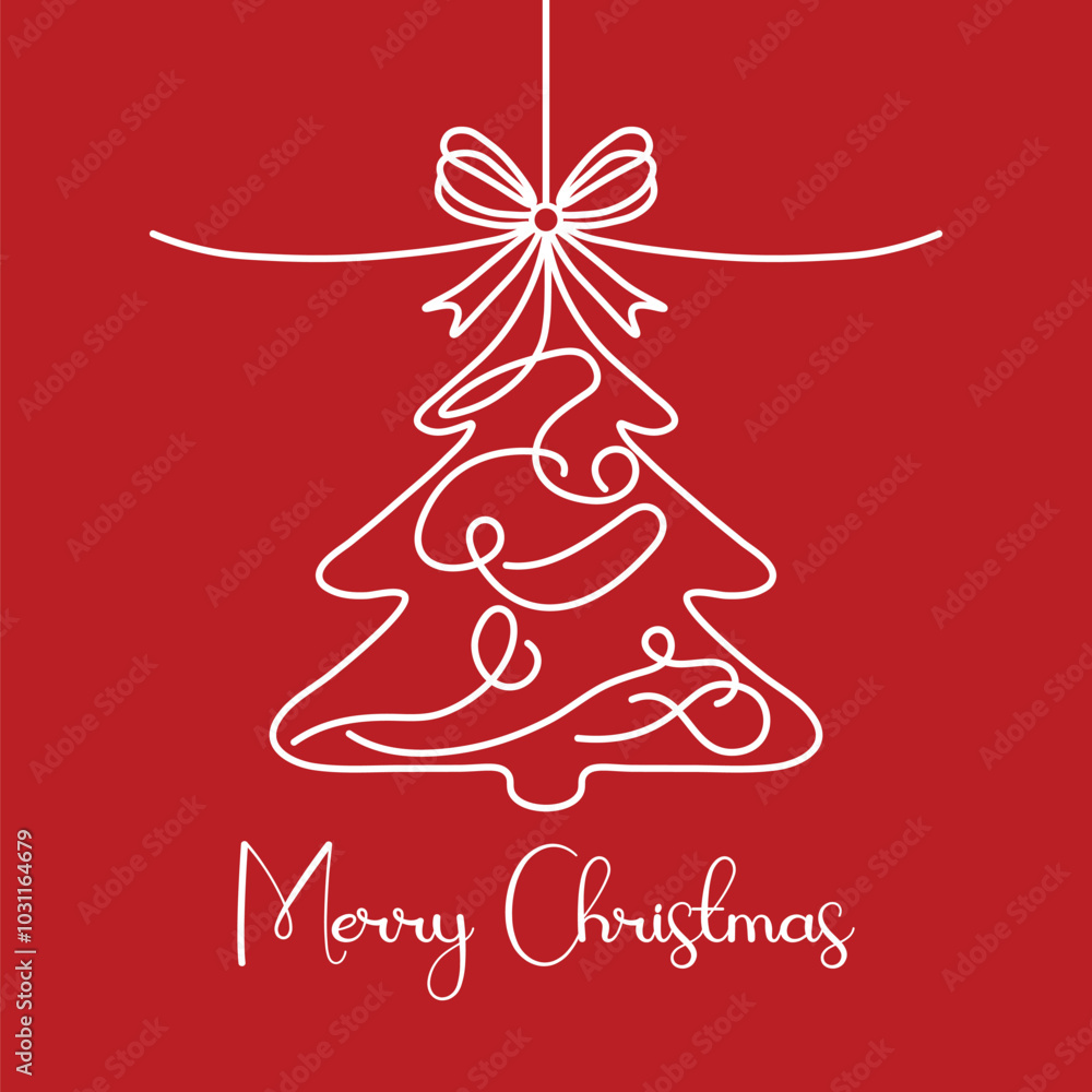 White line art christmas tree on red background. White line art christmas tree on red background.