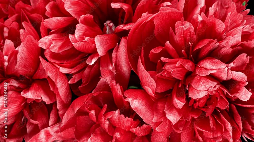 Red Peonies Bouquet Blooming in Time Lapse on a Black Background. Tender Flowers Moving Petals Close Up While Blossoming Red Peonies Bouquet Blooming in Time Lapse on a Black Background. Tender Flowers Moving Petals Close Up While Blossoming