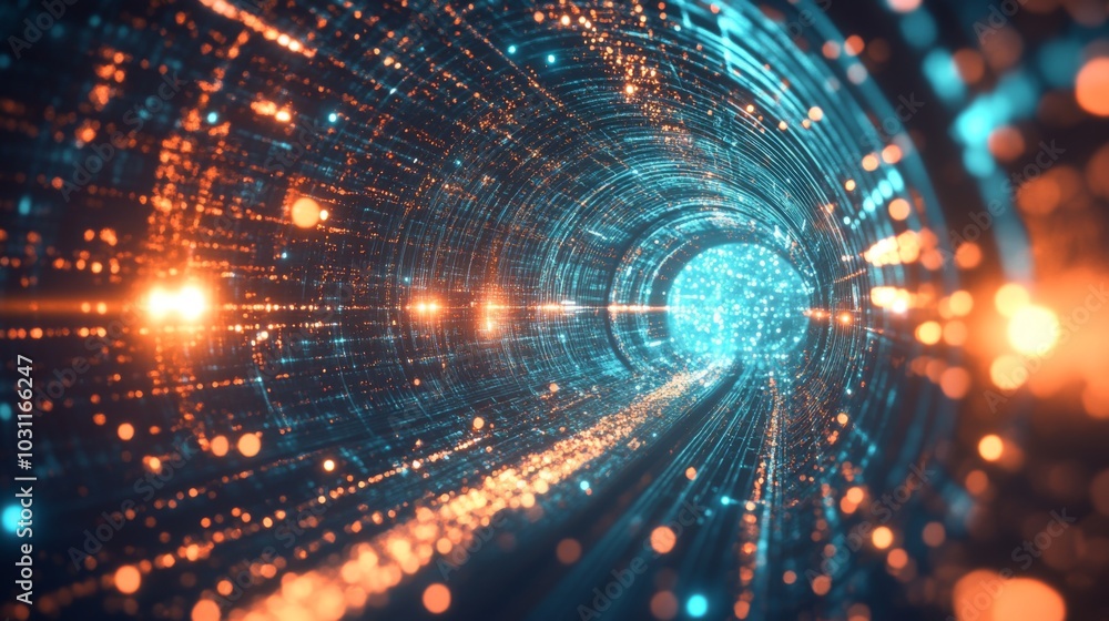 abstract representation of a swirling data tunnel, featuring glowing blue and orange patterns that suggest high-tech digital movement. abstract representation of a swirling data tunnel, featuring glowing blue and orange patterns that suggest high-tech digital movement.